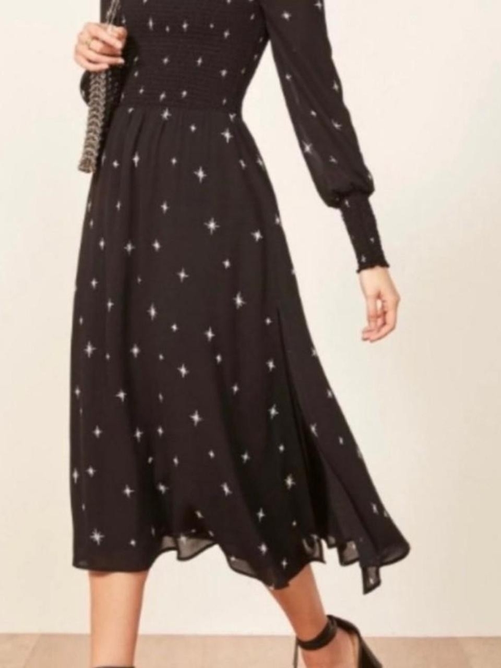 Reformation Black Starprint Smocked Dress